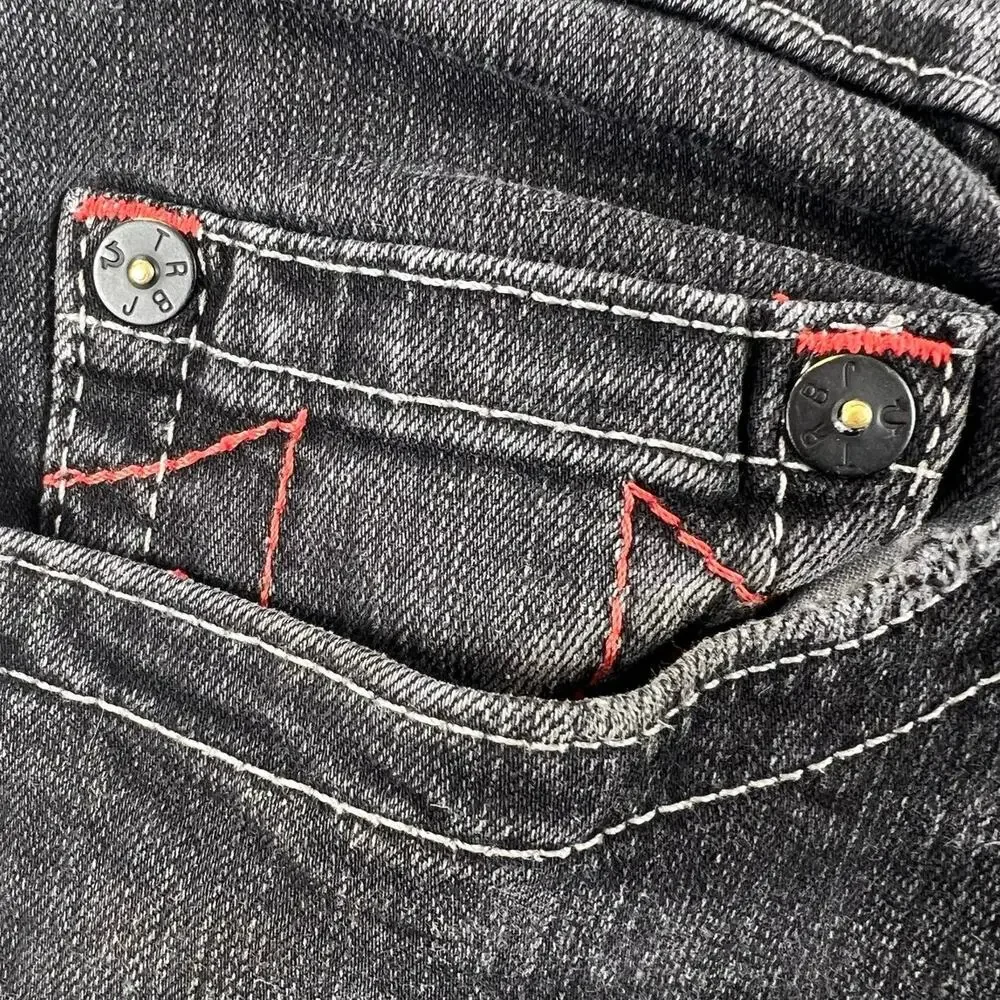 True Religion Moto Jeans Black Wash Biker Stitch Slim Straight Men’s 32